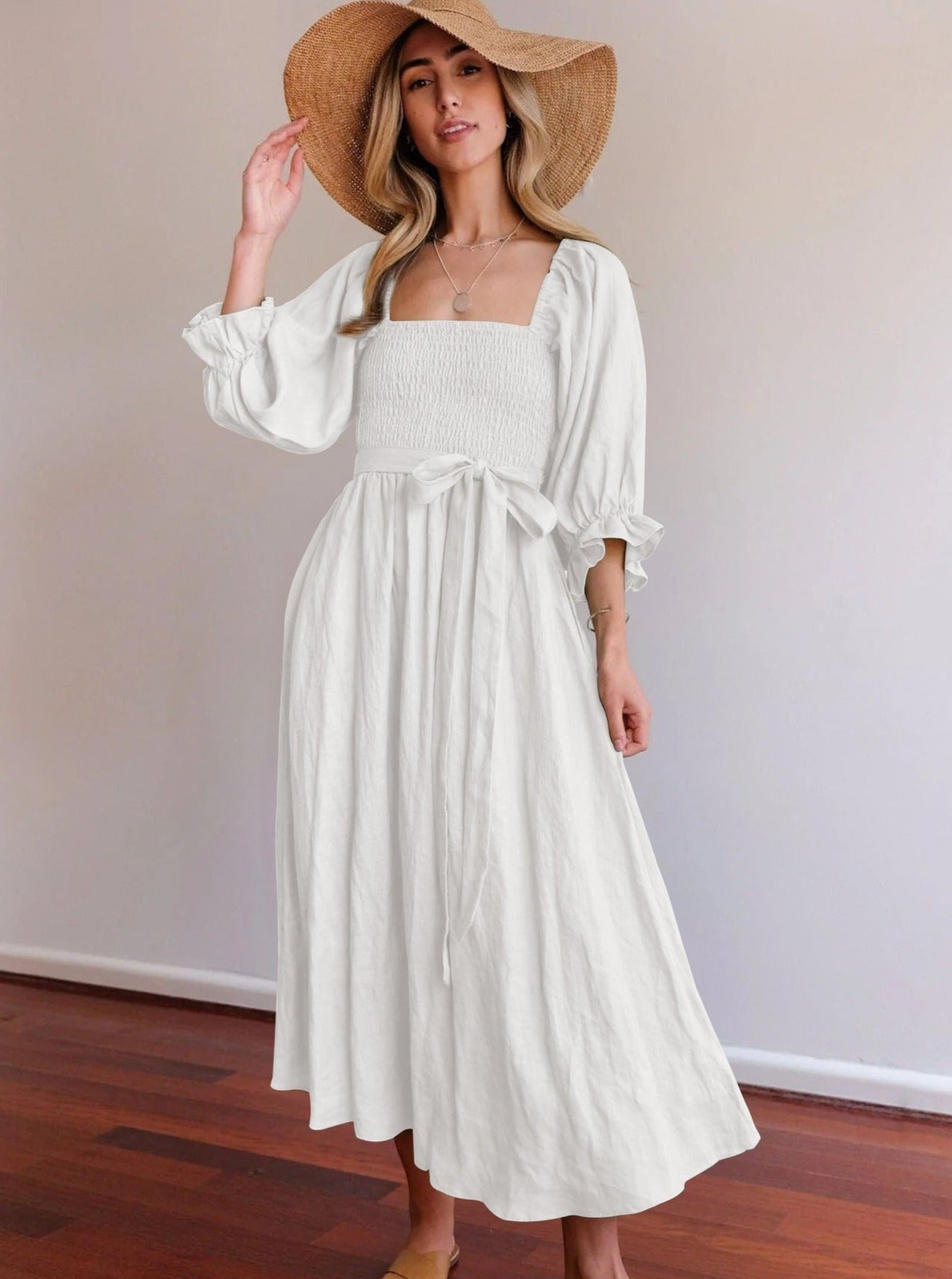 Solid Color Ruffled Lantern Sleeve Pleated Dress