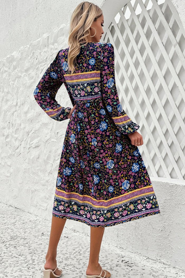 Stylish Deep Blue Floral Long Lantern Sleeve Midi Dress