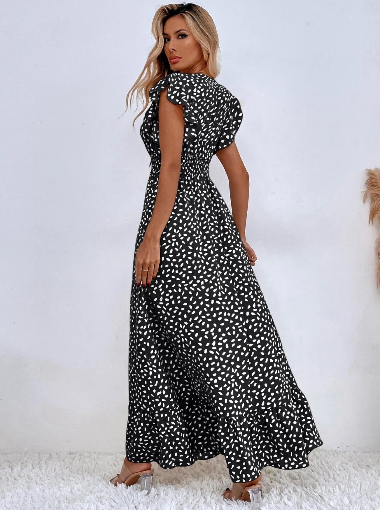 V-Neck Butterfly Sleeve Allover Print Maxi Dress