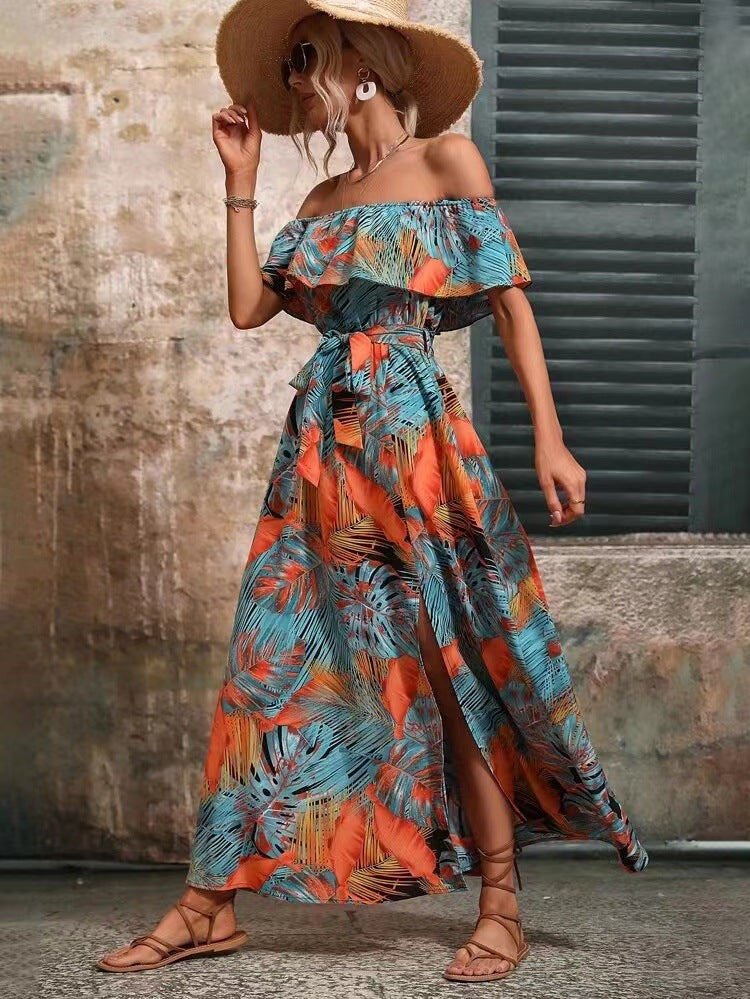 Elegant Off Shoulder Tropical Printed Slit Dress