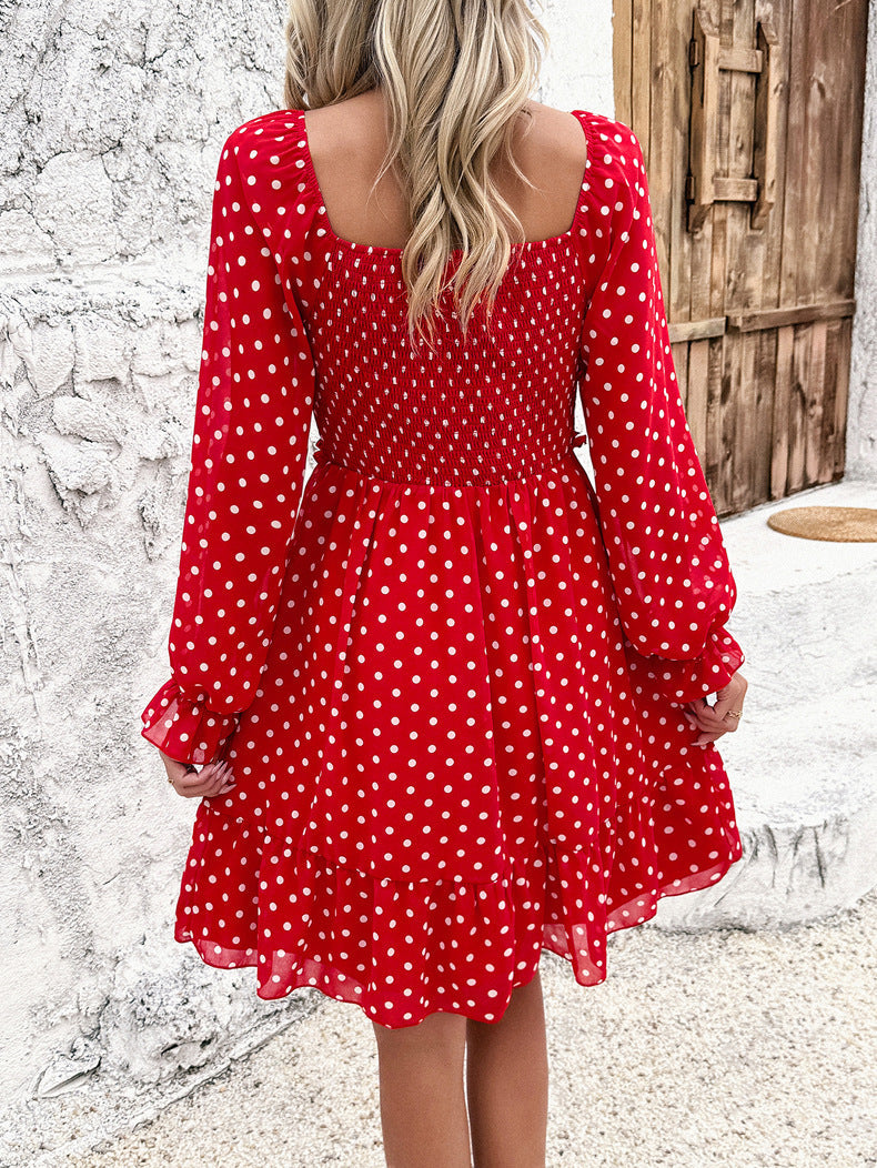 Casual Red Off Shoulder Polka Dot Dress