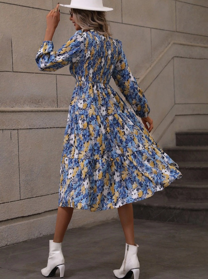 Floral Printed Lantern Sleeve Flared Dress