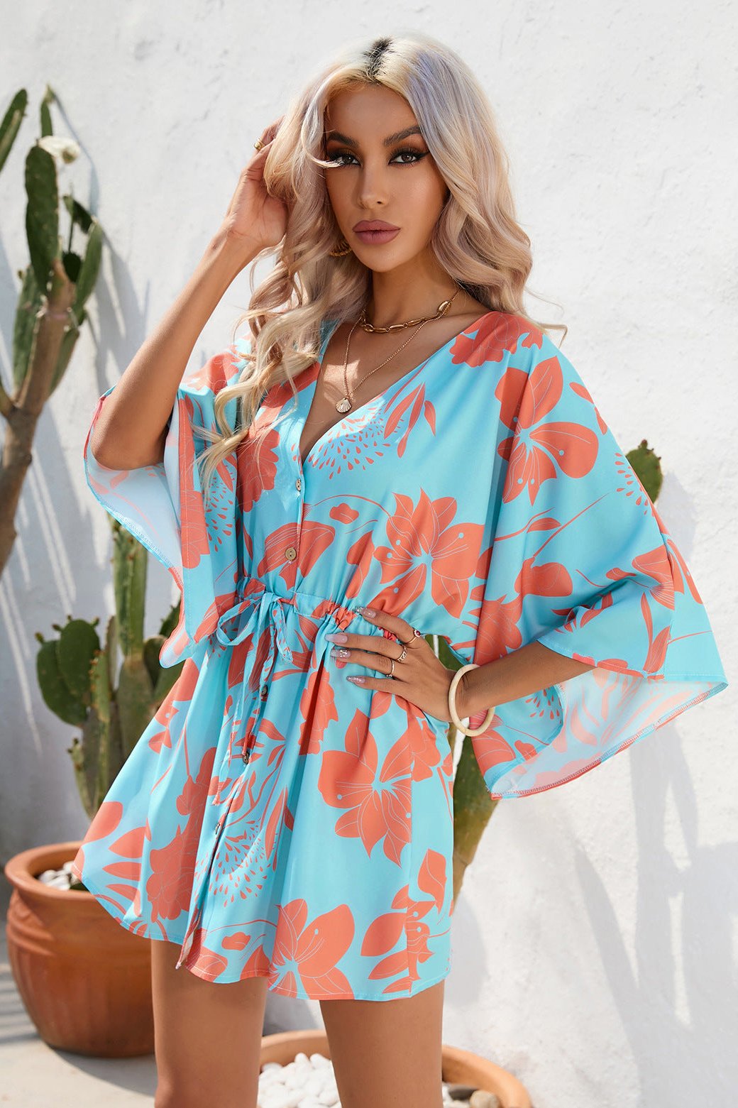 Floral Boho Damen Kimono Playsuit Kurzärmelig - Sommer Strandmode Jumpsuit Bunt