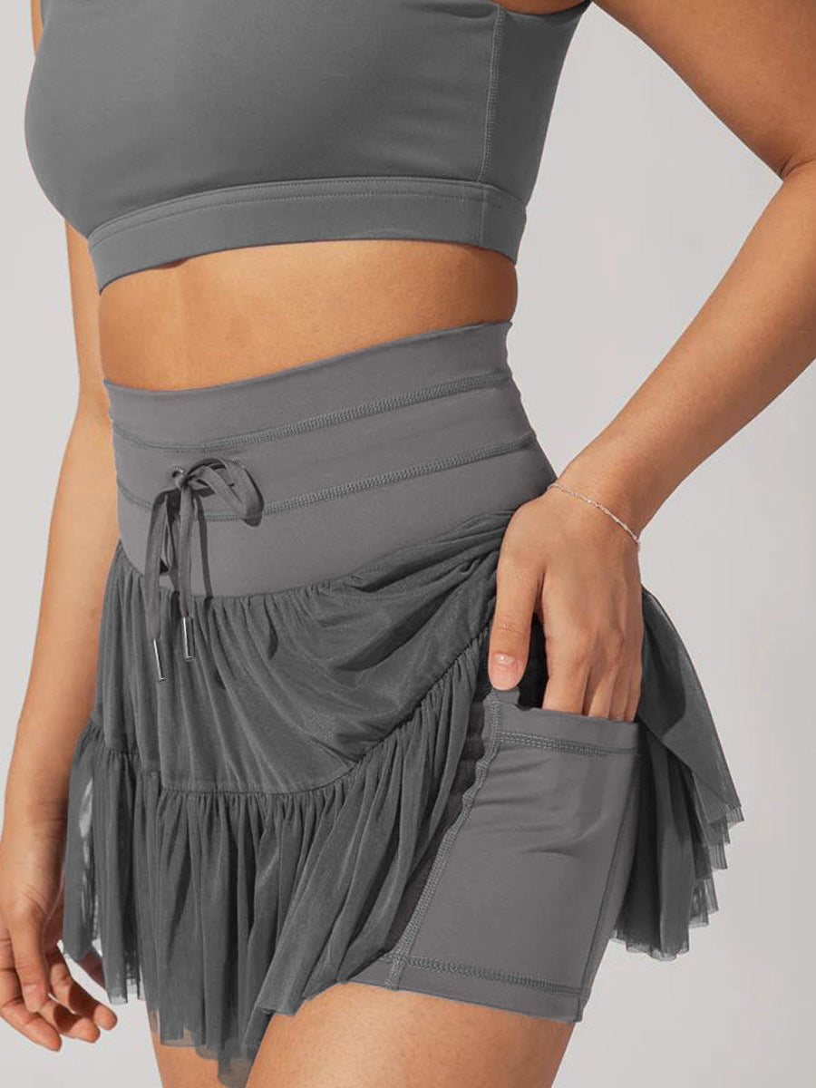 Gray High Waist Drawstring Pleated Skirt