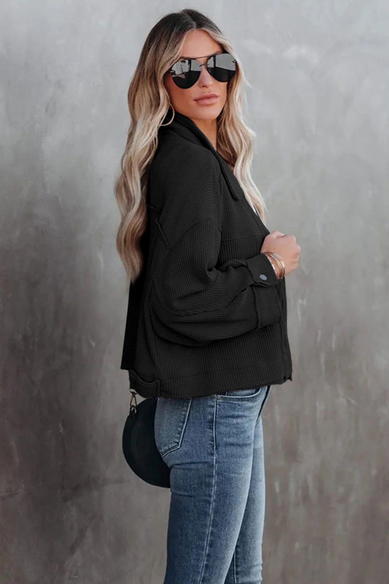 Black Long Sleeve Solid Color Collared Jacket