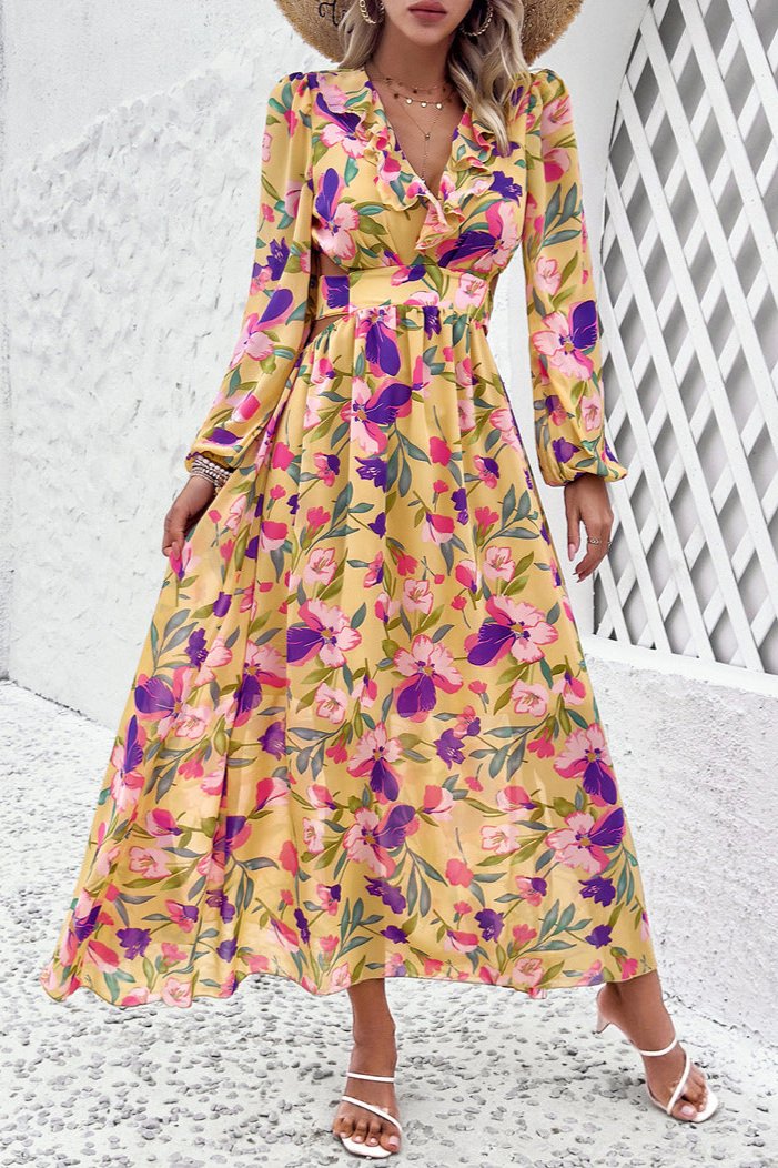 Long Sleeve Deep V-Neck Floral Maxi Dress