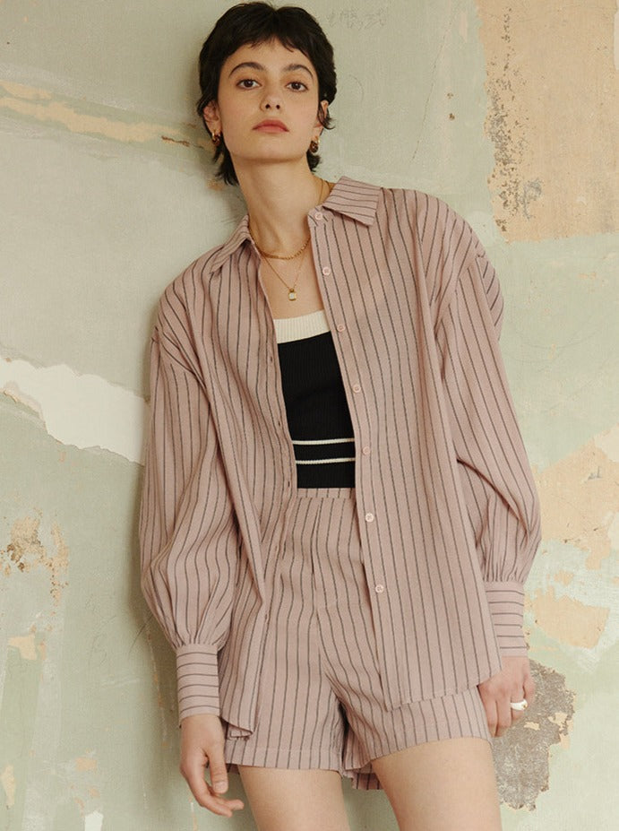 French Stripe Long-Sleeved Shirt and Shorts Set