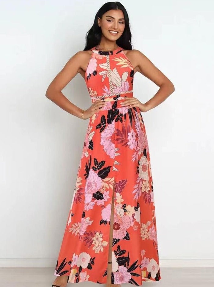 Floral Printed Halter Neck Racer Back Maxi Dress