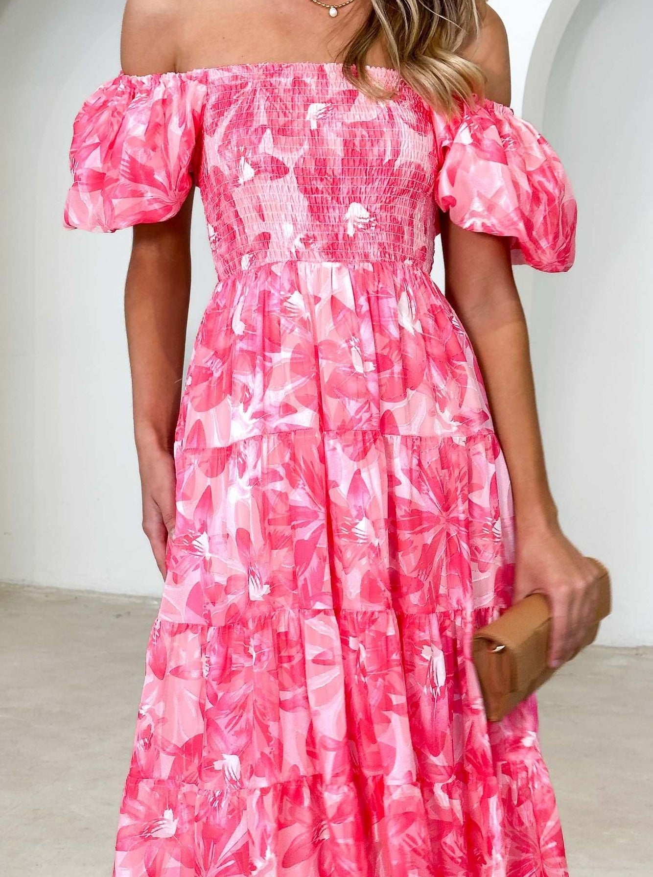 Pink Floral Smocked Square Neck Puff Sleeve Dress