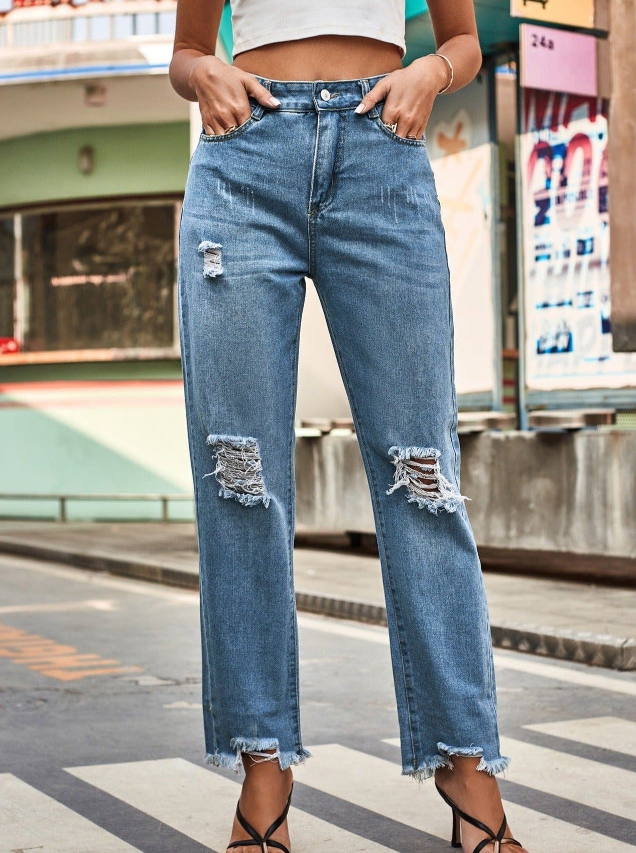 Knee Ripped Washed Classic Denim Pants