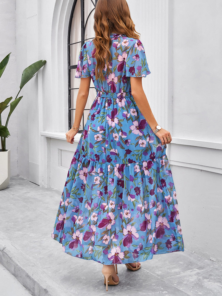 Blue V-Neck Floral Printed Sundress