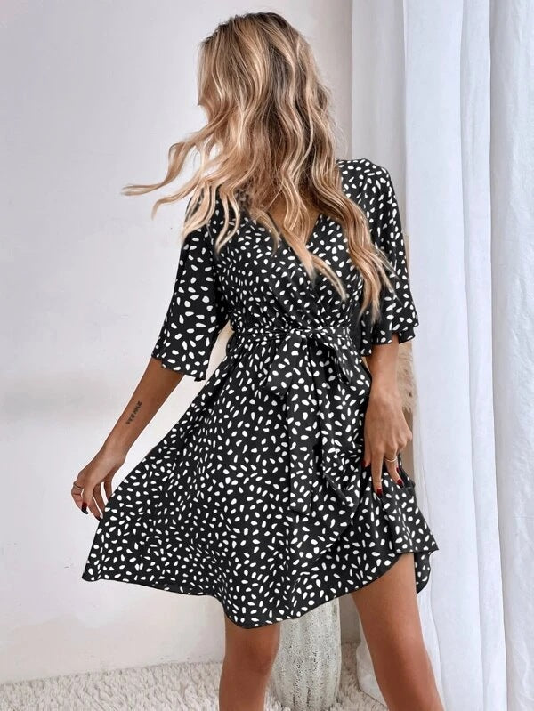 V-Neck Overall Printed Half Sleeve Dress