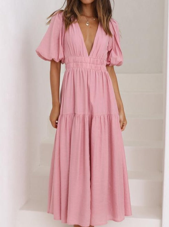 Solid Color Fluff Sleeve V-Neck Pleated Dress