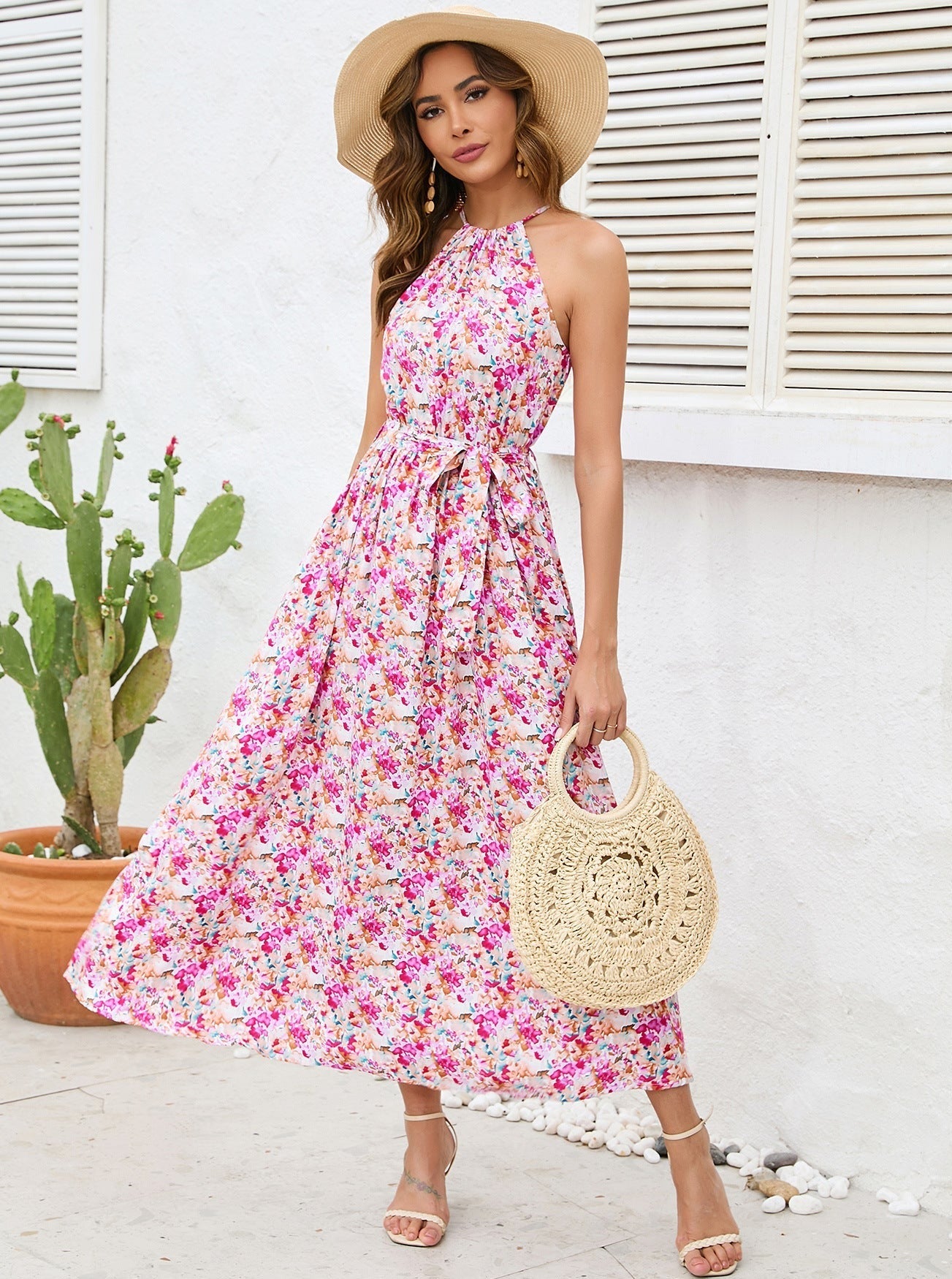 Pink Floral Tie Waist Halter Dress