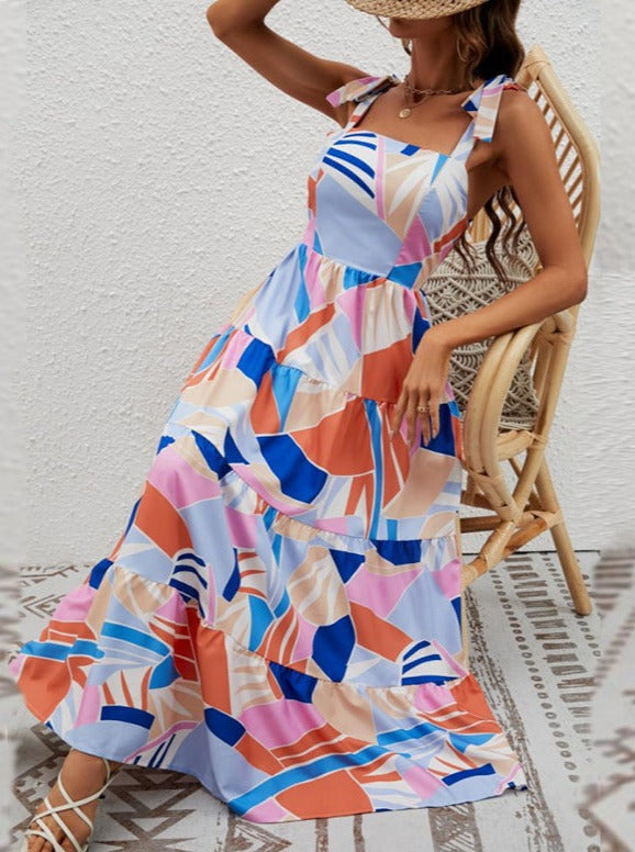 Laced-Up Printed Halter Dress