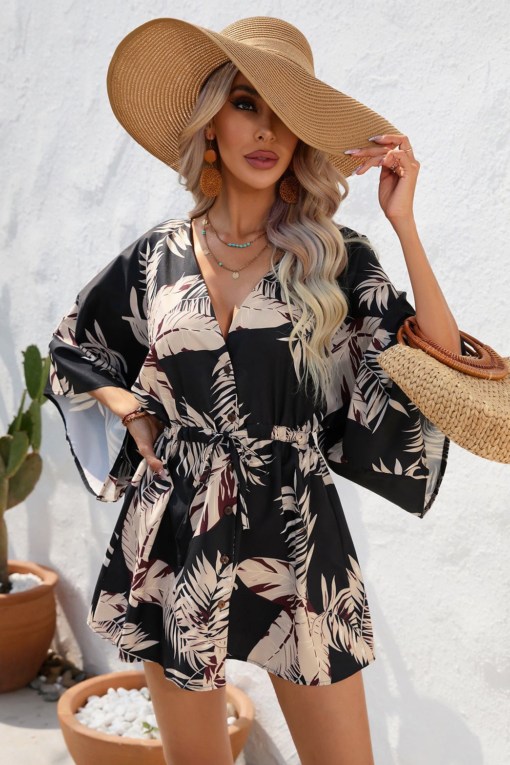 Floral Boho Damen Kimono Playsuit Kurzärmelig - Sommer Strandmode Jumpsuit Bunt