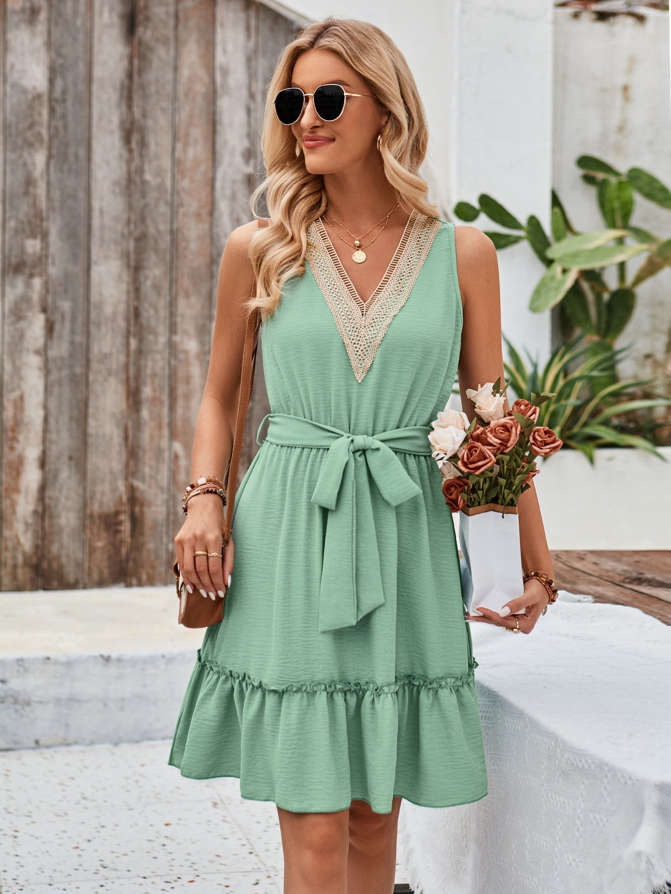 Laced V-Neck Sleeveless Layered Sundress