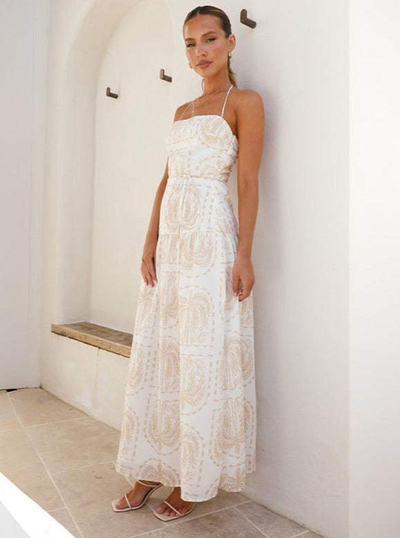 White Floral Halter Neck Maxi Dress