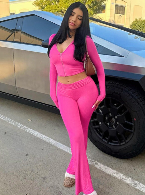 Pink 2 Piece Crop Top Zipper Jacket and Flared Pants Set