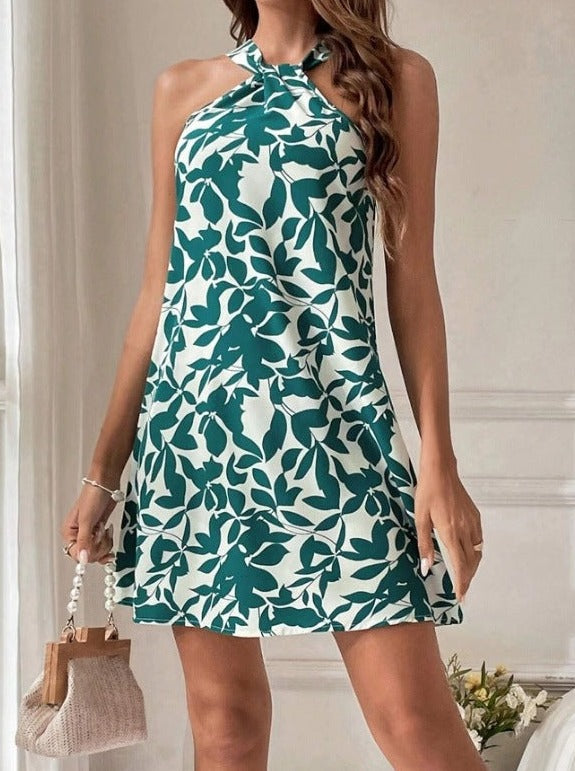 Tropical Print Halter Neck Sexy Dress