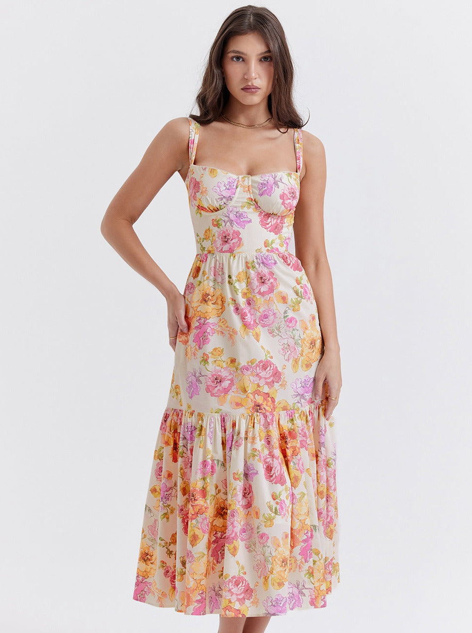 Floral Printed Pleated Bustier Dress