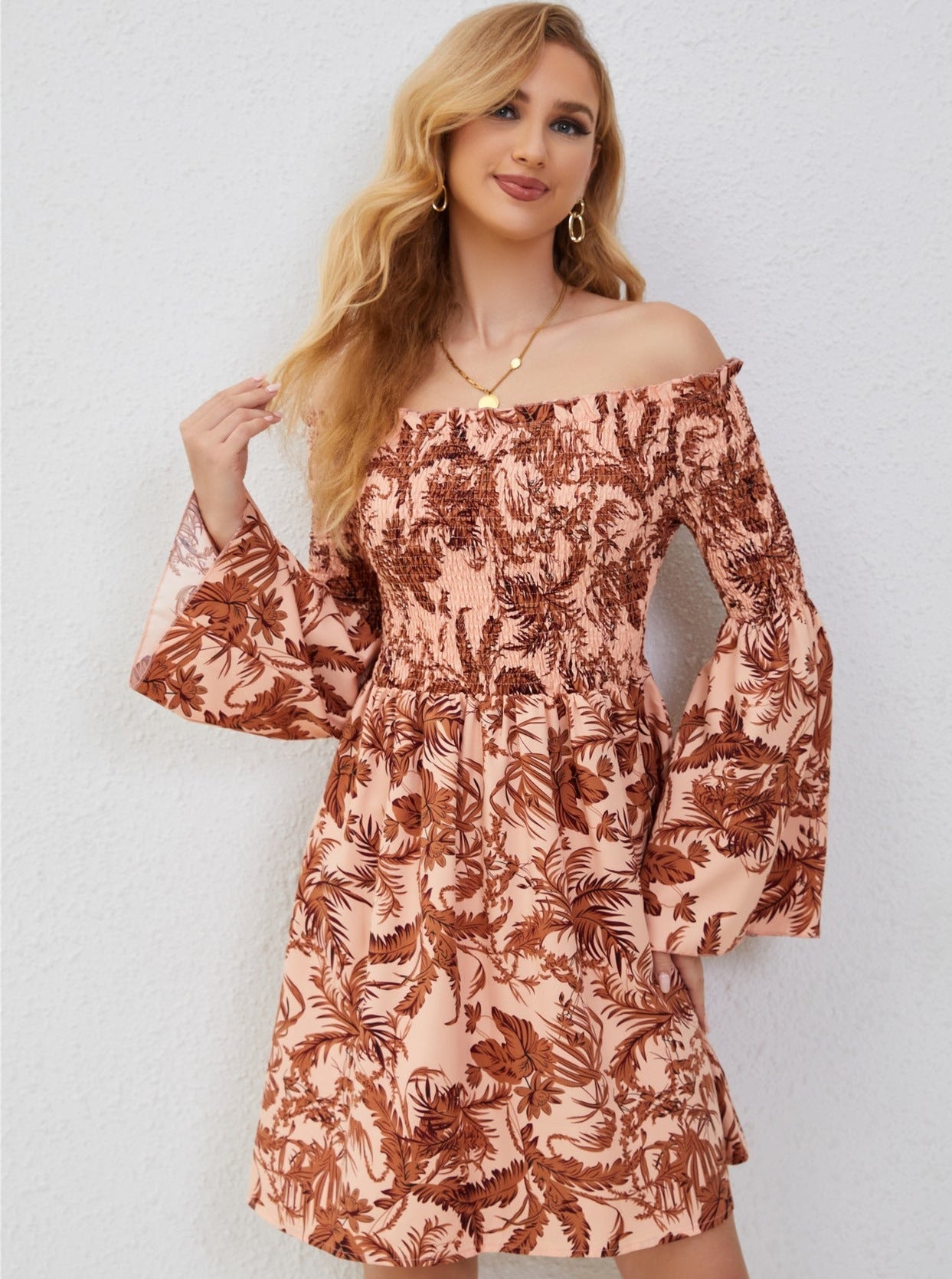 Peach Off Shoulder Long Sleeve Casual Mini Dress