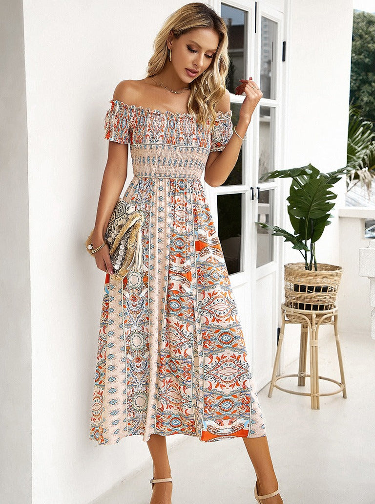 Boho Midikleid Off-Shoulder Buntes Muster Sommerkleid Mit Schlitz