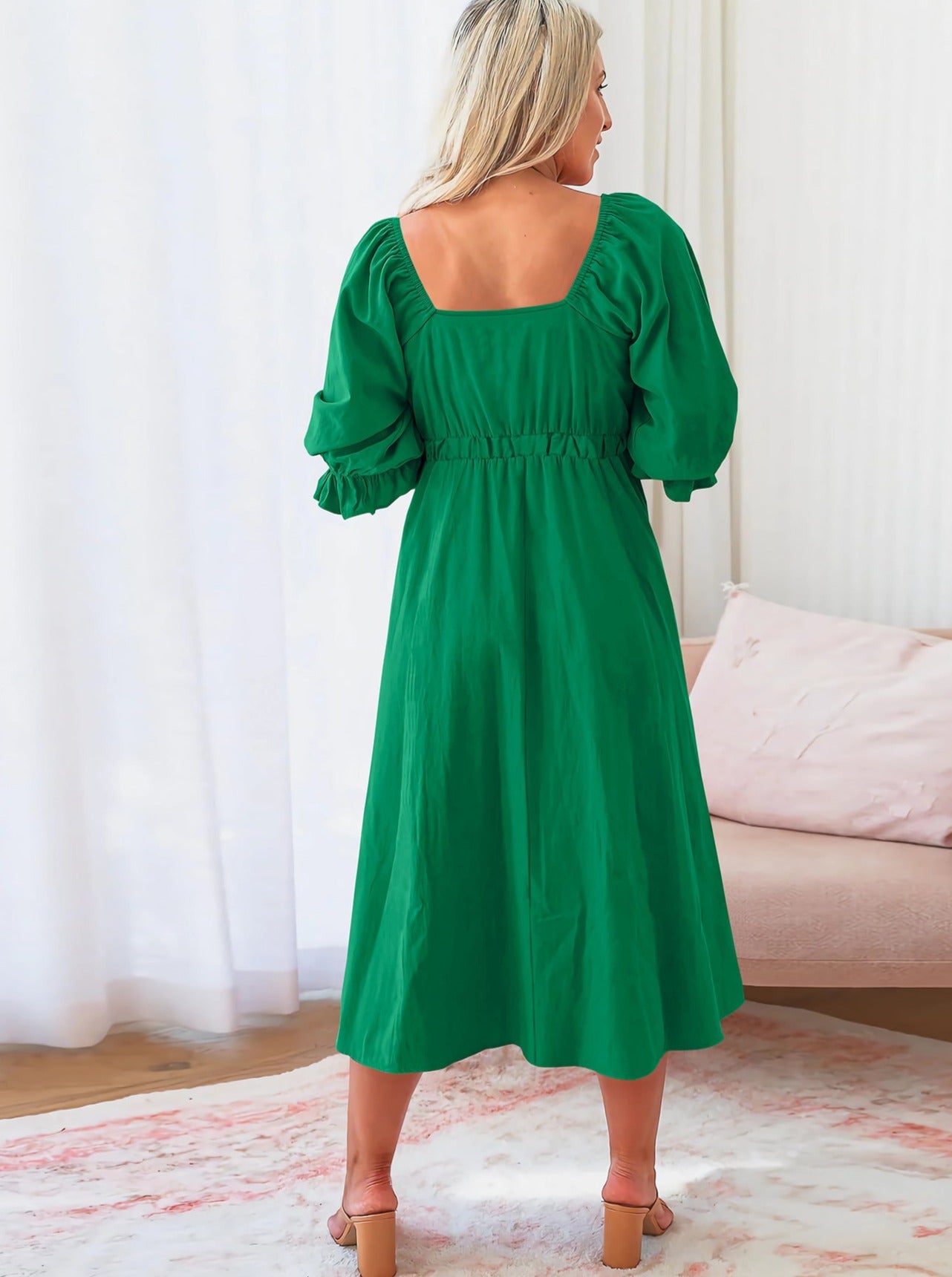 Square Neck Knotted Puff Sleeves Cutout Casual Summer Dress