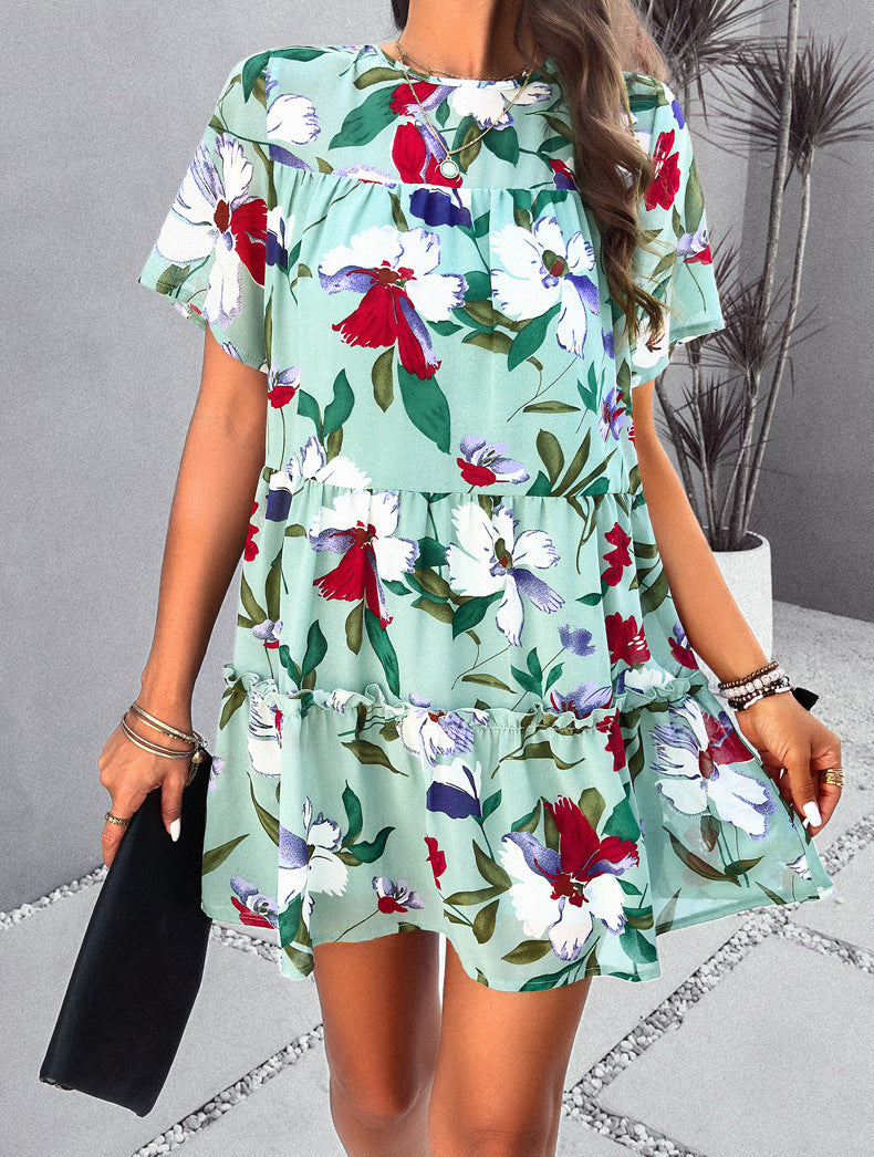 Green Leisure Vacation Printed Short-Sleeved Dress