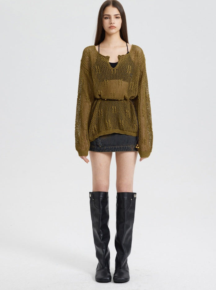 Sexy Bohemian Long-Sleeve Notch Neck Knitted Sweater with String Belt