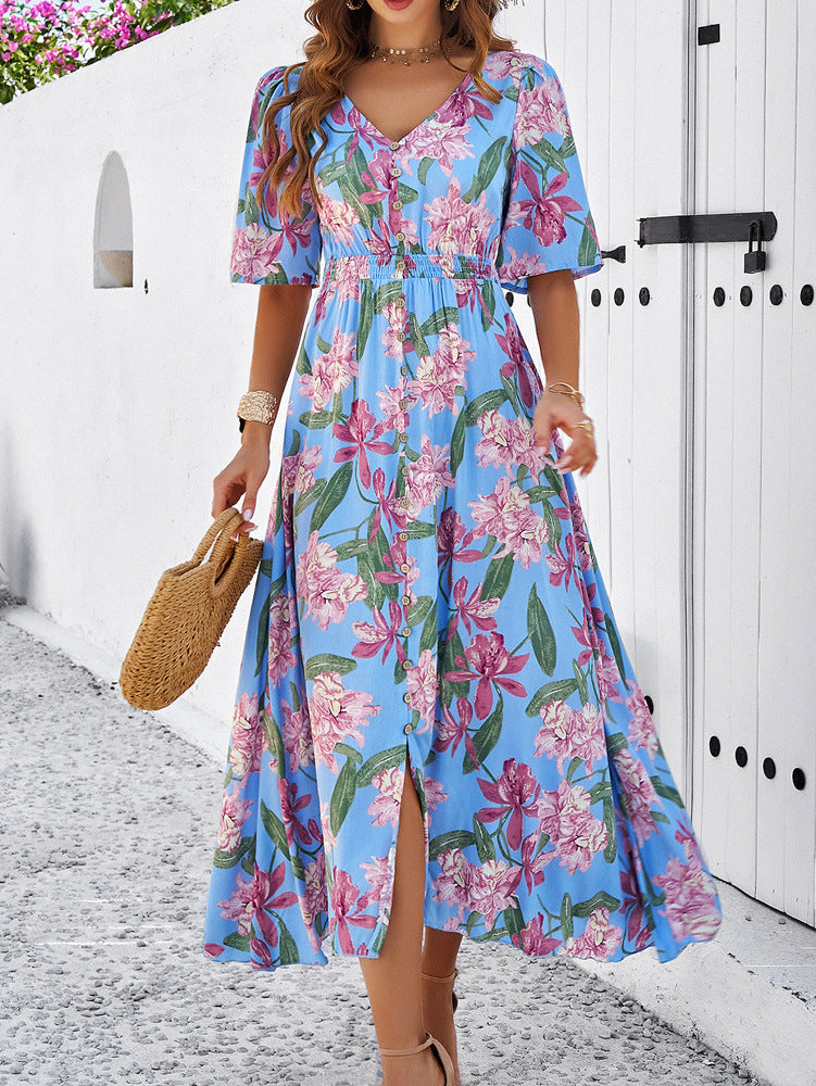 Blue Floral Printed Large Swing Dress