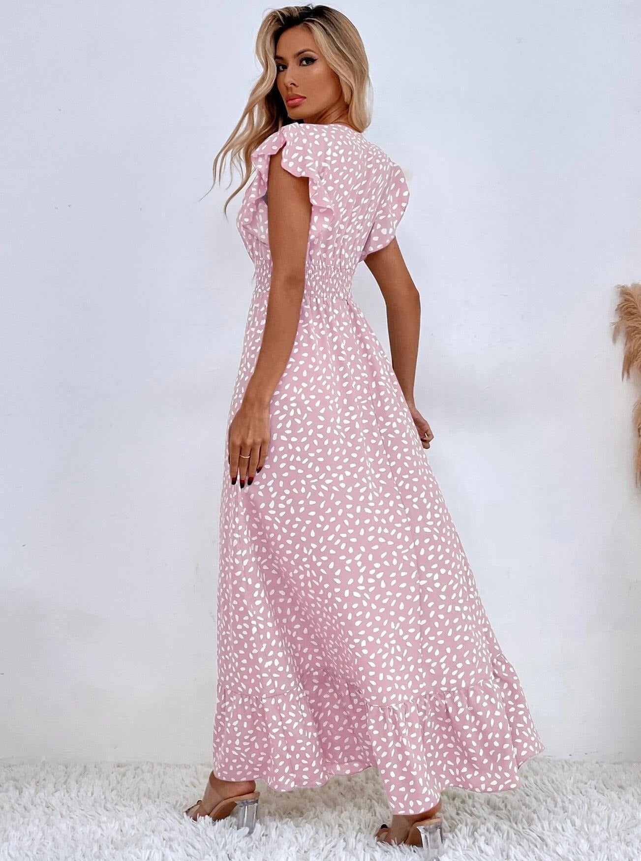 V-Neck Butterfly Sleeve Allover Print Maxi Dress