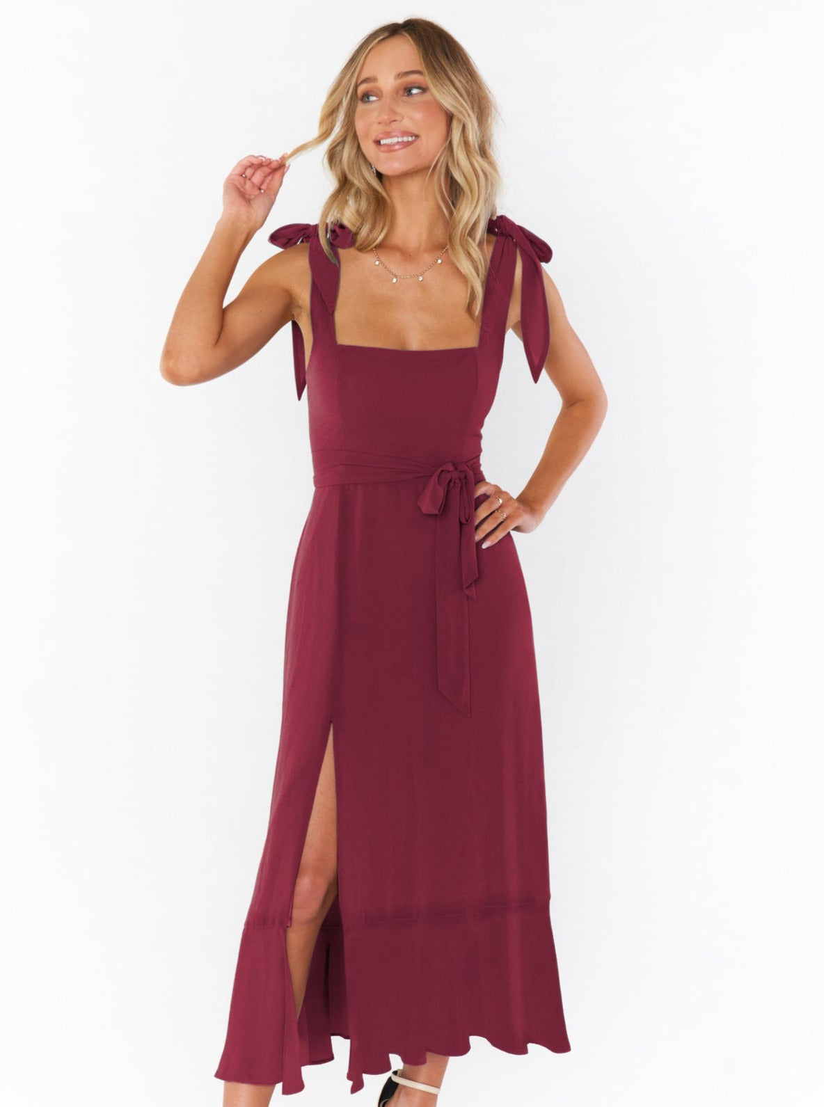 Bordeaux Sommerkleid Midi Elegant Mit Schleife und Schlitz