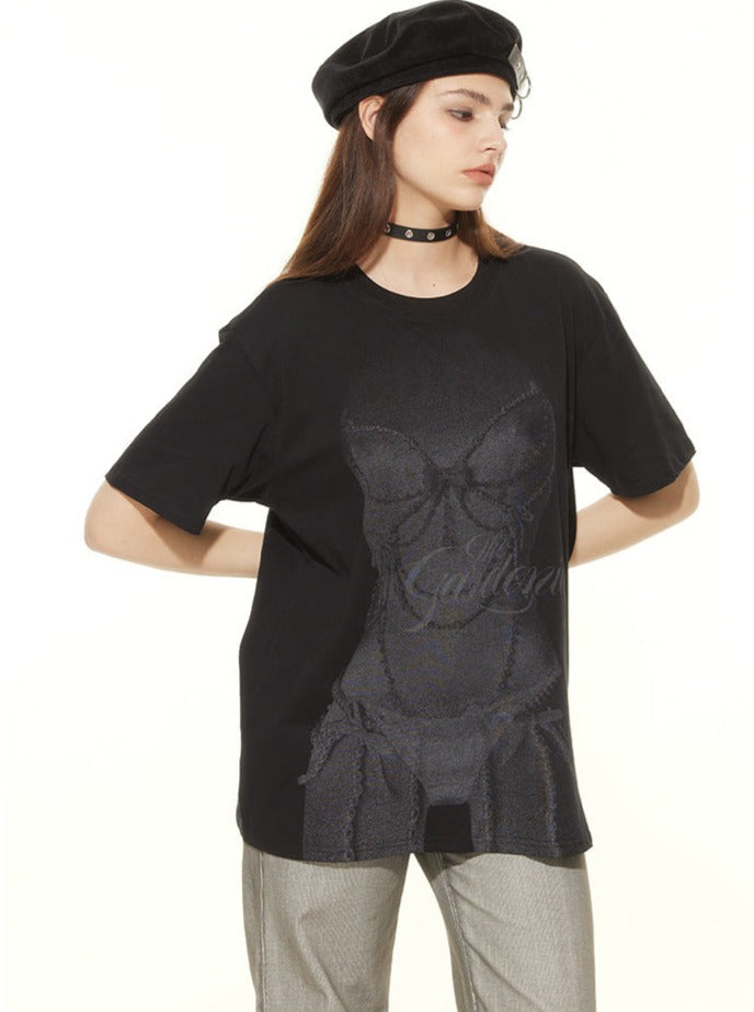 Corset Print Washed Charcoal Oversized T-Shirt