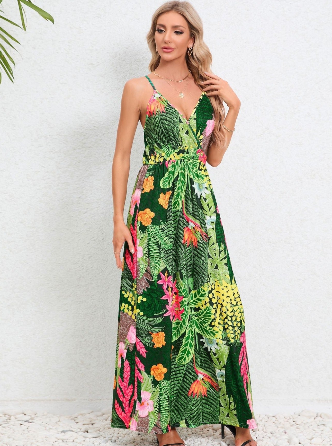 Dark Green Tropical Printed Long Dress