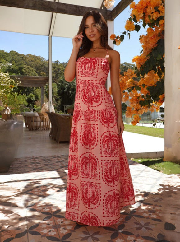 Pink Floral Halter Neck Maxi Dress