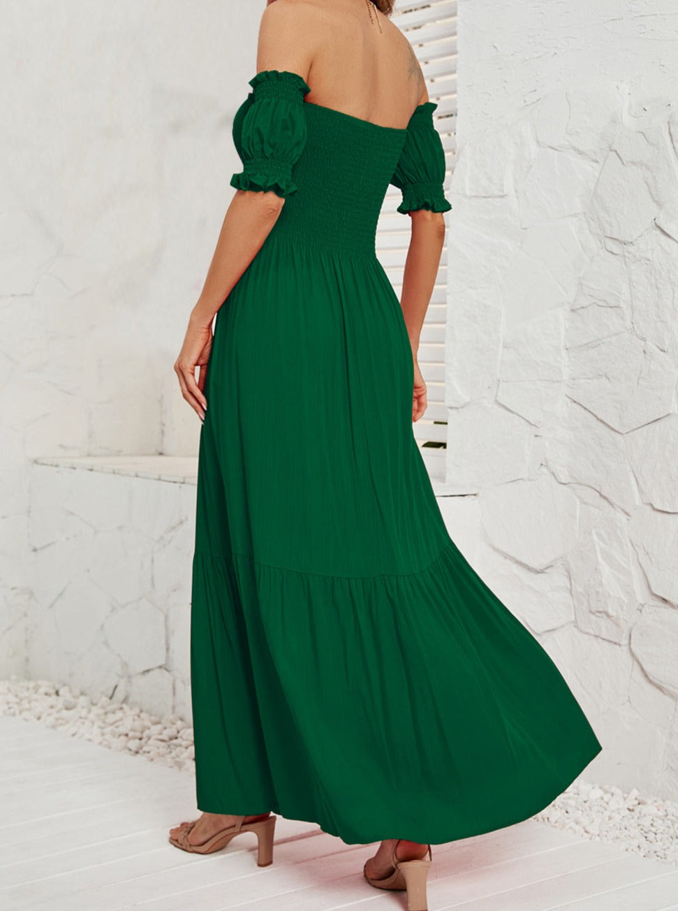 Off Shoulder Bell Sleeve Solid Color Maxi Dress