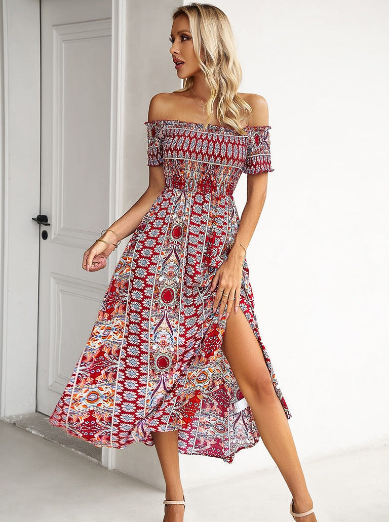 Summer Off Shoulder Bohemian Slit Midi Dress