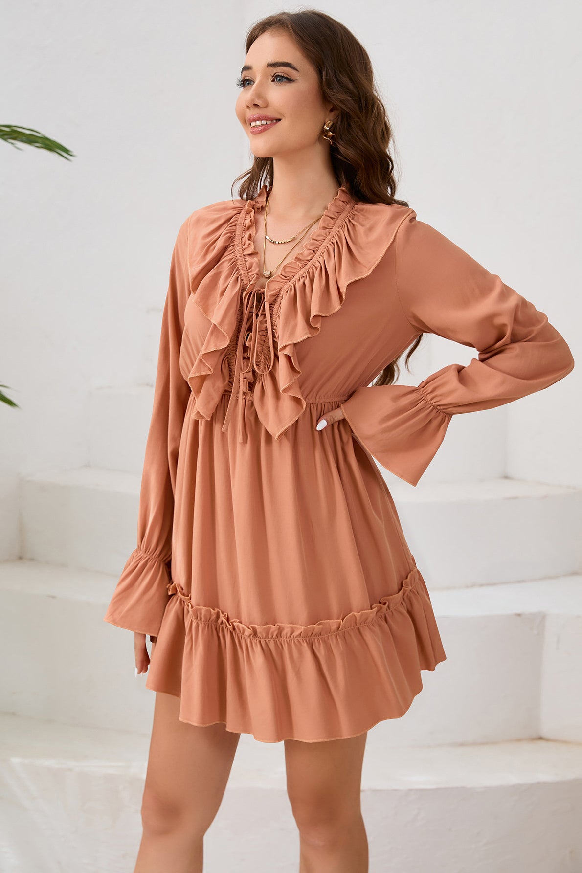 Tie-Neck Ruffled Mini Dress