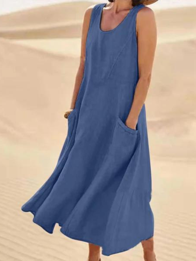 Leinenkleid Sommer, Ärmelloses Maxikleid mit Taschen, Lässig 