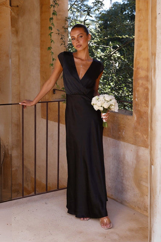 Elegantes langes Abend Maxikleid schwarzer Satin Wrap festliche Mode