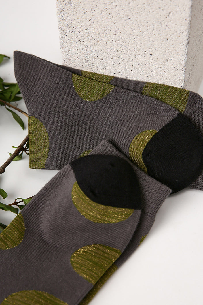 Women's Comfortable Grey Socks with Green Polka Dots